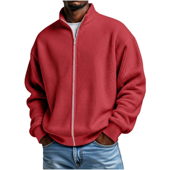 hoksml Men's Waffle Knit Full Zip Jacket Stand Collar Casual Sweatshirt for Fall Winter Daily Work Outdoor Comfort