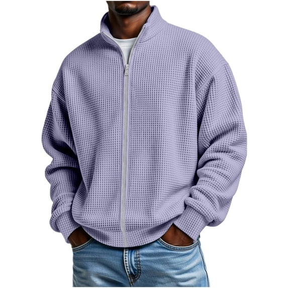 hoksml Men's Waffle Knit Full Zip Jacket Stand Collar Casual Sweatshirt for Fall Winter Daily Work Outdoor Comfort