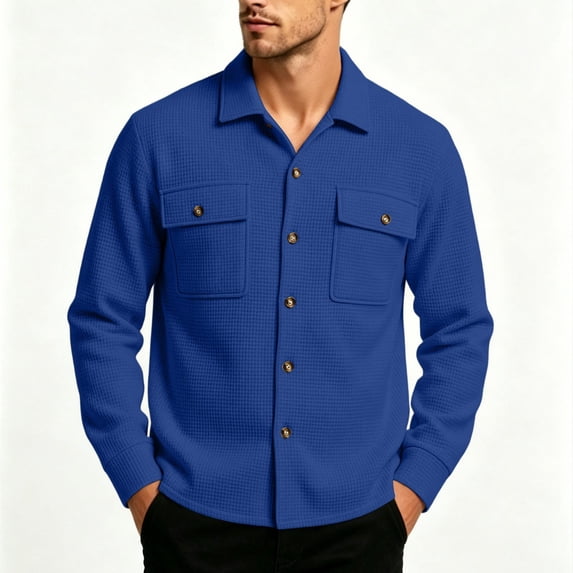 hoksml Men's Waffle Knit Shirt Jacket - Button Front Overshirt with Dual Chest Pockets, Soft Stretch Casual Top for Spring Fall