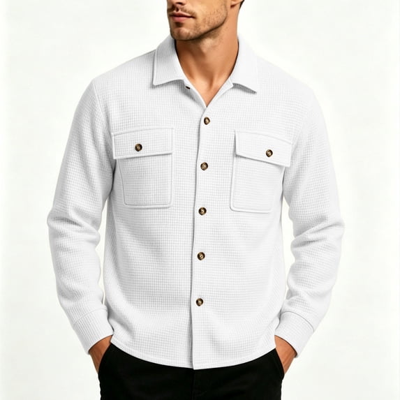 hoksml Men's Waffle Knit Shirt Jacket - Button Front Overshirt with Dual Chest Pockets, Soft Stretch Casual Top for Spring Fall