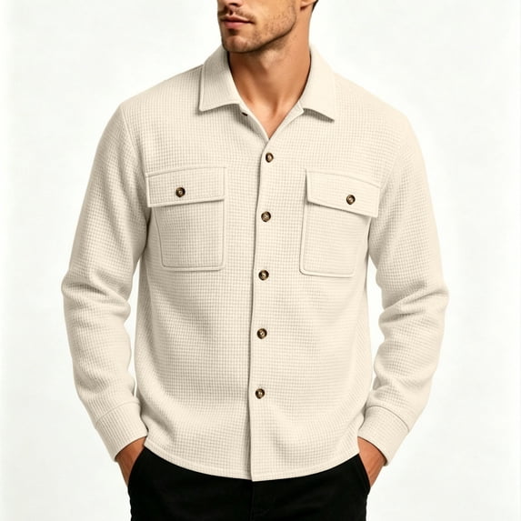 hoksml Men's Waffle Knit Shirt Jacket - Button Front Overshirt with Dual Chest Pockets, Soft Stretch Casual Top for Spring Fall