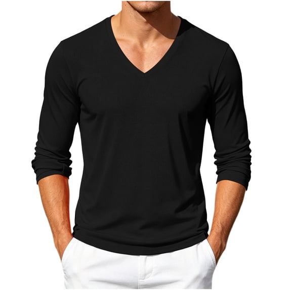 hoksml Men's Waffle Knit V Neck Long Sleeve T-Shirt, Solid Breathable Mesh Casual Basic Top, Light Loose Cut Tee in Classic Colors