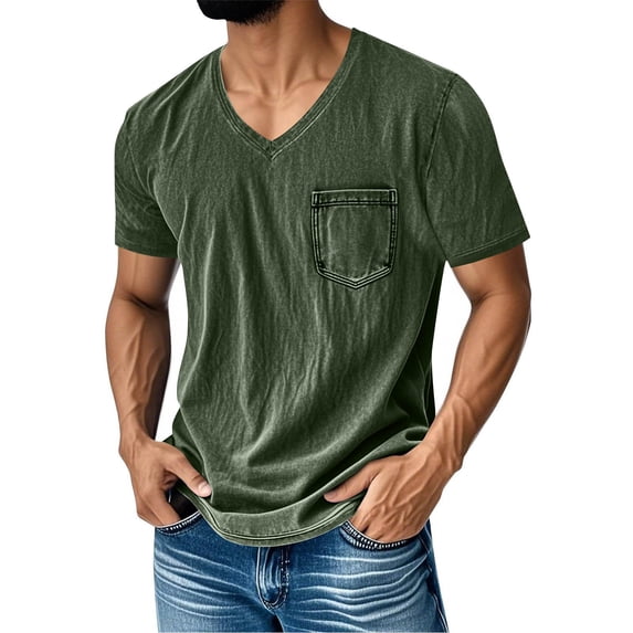 hoksml Men's Washed V Neck Short Sleeve T Shirt, Stitch Pocket Vintage Casual Tees for Daily Outdoor Wear