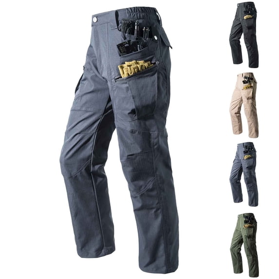 hoksml Men's Waterproof Hiking Cargo Pants Multi-Pocket Utility Design Solid Color Flat Front and Elastic Back Waist Durable Straight Leg Trousers
