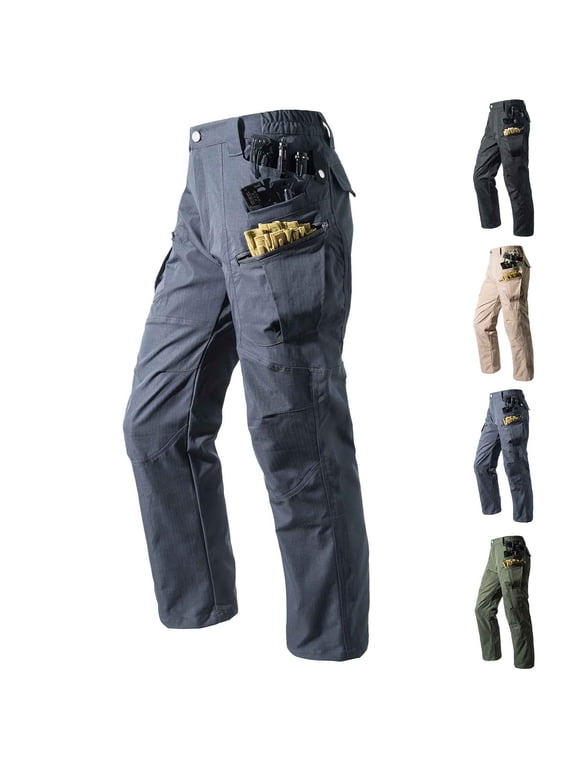Men's Waterproof Hiking Cargo Pants Multi-Pocket Utility Design Solid Color Flat Front and Elastic Back Waist Durable Straight Leg Trousers