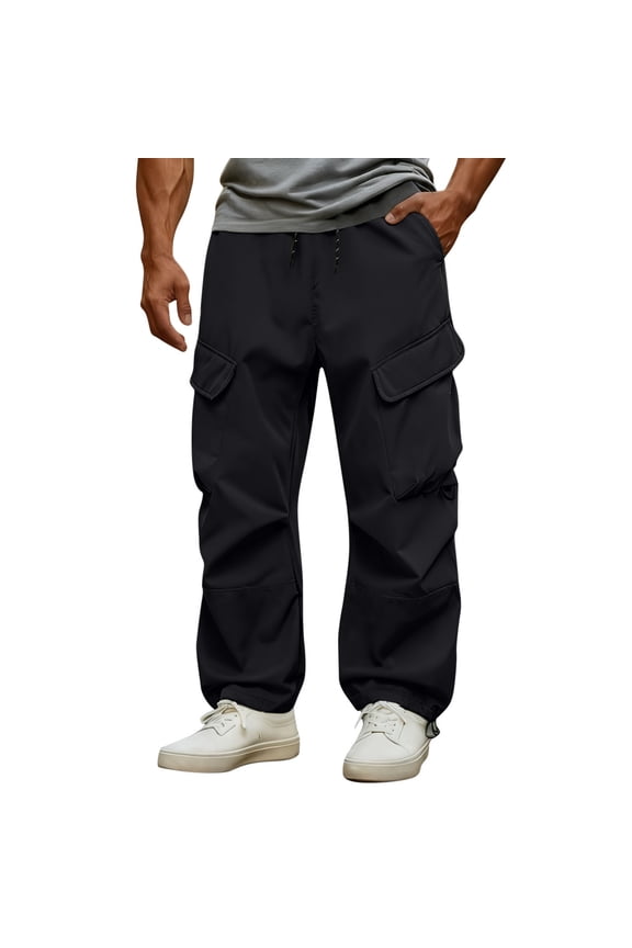 Men's Waterproof Windproof Cargo Pants Solid Color Outdoor Hiking Trousers with Multi-Pockets, Drawstring Waist and Adjustable Hem