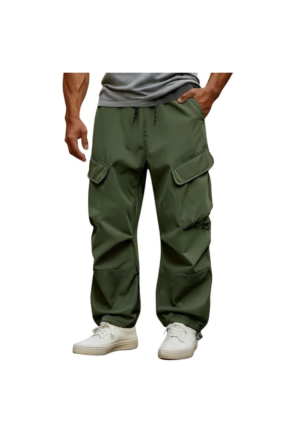 Men's Waterproof Windproof Cargo Pants Solid Color Outdoor Hiking Trousers with Multi-Pockets, Drawstring Waist and Adjustable Hem