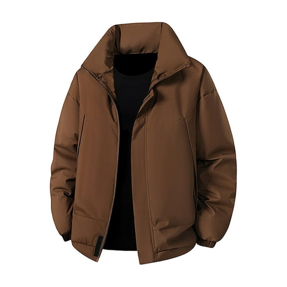 hoksml Men's Winter Puffer Jacket Stand Collar Heavyweight Long Sleeve Coat with Zippered Pockets