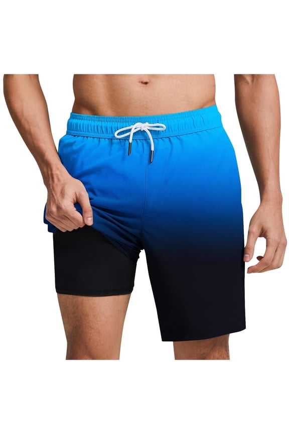 Mens 2 in 1 Swim Trunks Elastic Waist Drawstring Gradient Quick Dry Swimming Shorts 5 Inches with Lined Summer Beach Shorts 2025 Clearance