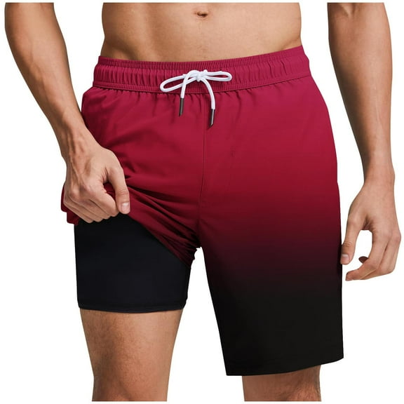 hoksml Mens 2 in 1 Swim Trunks Elastic Waist Drawstring Gradient Quick Dry Swimming Shorts 5 Inches with Lined Summer Beach Shorts 2025 Clearance