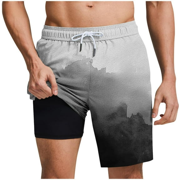 hoksml Mens 5 inch Swim Trunks, 2-in-1 Style Casual Print with Lined Beach Shorts Elastic Waist Tie Drawstring Pockets Swim Suits Board Shorts