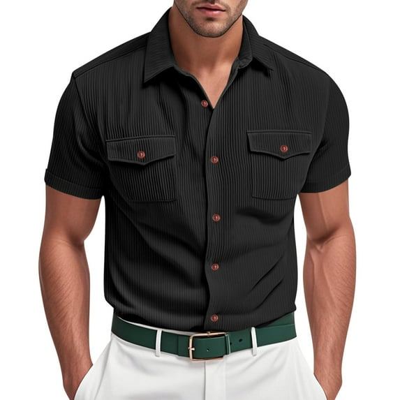 hoksml Mens Button Down Short Sleeve Shirt Fashion Solid Color Ribbed Collared Pocket T-shirt Lapel Tops Casual Business Shirts