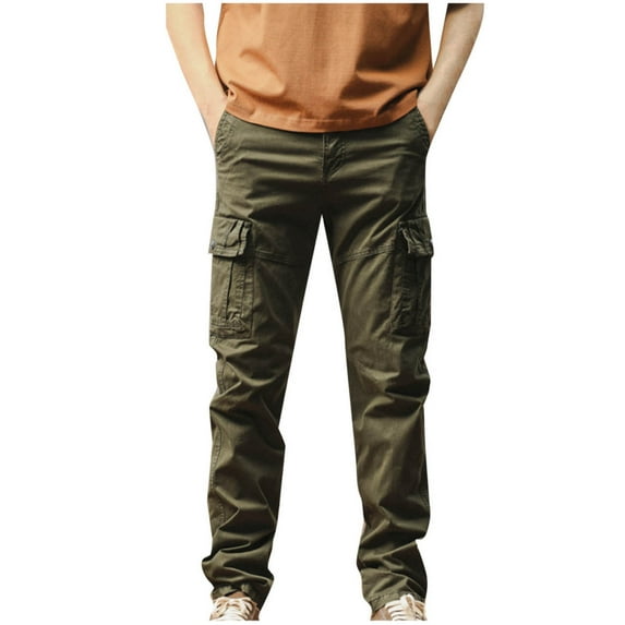 hoksml Mens Cargo Pants Outdoor Hiking Pants Khaki Pants Solid Color Button Zipper Multiple Pockets Casual Pants Slim Straight Leg Trousers