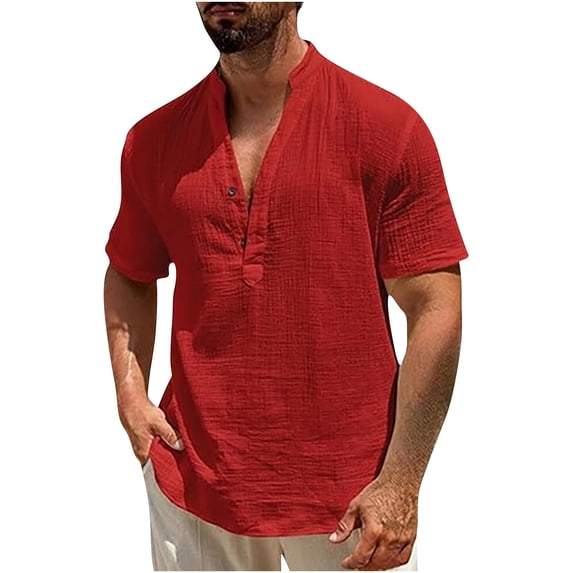 hoksml Mens Linen Blend Henley Shirts Short Sleeve Casual Summer Tops for Beach and Daily Wear