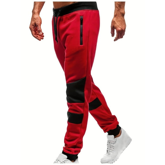 hoksml Mens Sweatpants with Zipper Pockets Solid Color Drawstring Elastic Waist Color-blocked Length Joggers
