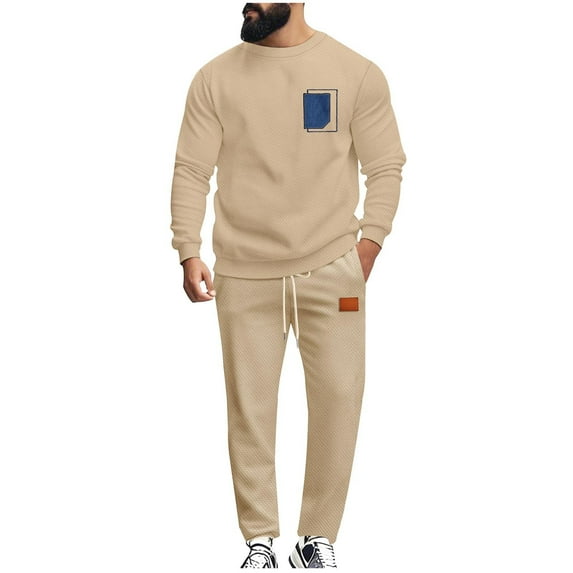 hoksml Mens Sweatsuit 2 Piece Set Long Sleeves Round Collar Workout Top Drawstring Waist Long Pants Bottom Sets Casual Exercise Clothing Sets