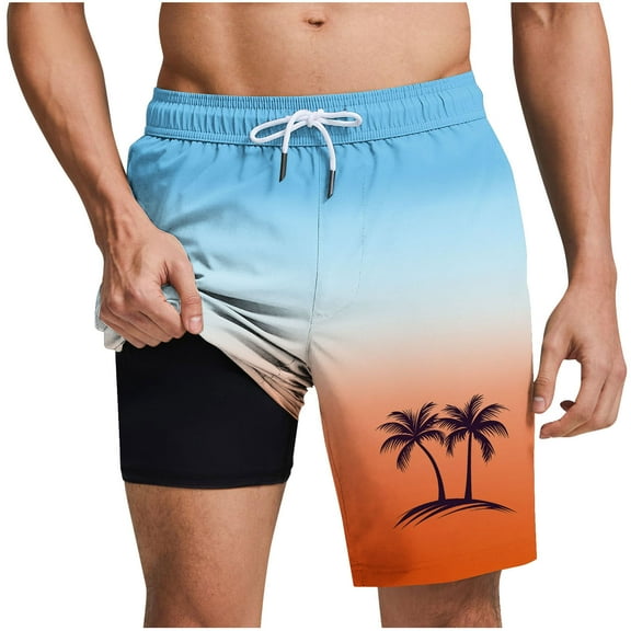 hoksml Mens Swim Trunks Elastic Waist Drawstring Gradient Print Shorts 5 Inches, 2-in-1 Style with Lined Swimming Bathing Suit Summer Beach Shorts