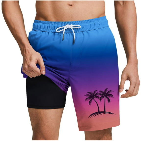 hoksml Mens Swim Trunks Elastic Waist Drawstring Gradient Print Shorts 5 Inches, 2-in-1 Style with Lined Swimming Bathing Suit Summer Beach Shorts