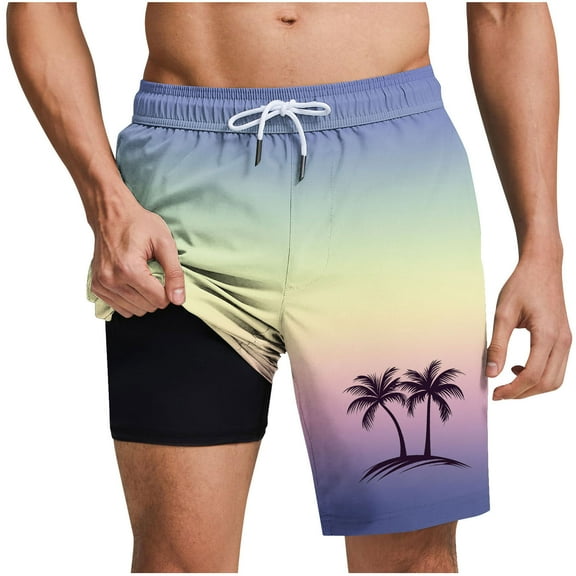 hoksml Mens Swim Trunks Elastic Waist Drawstring Gradient Print Shorts 5 Inches, 2-in-1 Style with Lined Swimming Bathing Suit Summer Beach Shorts