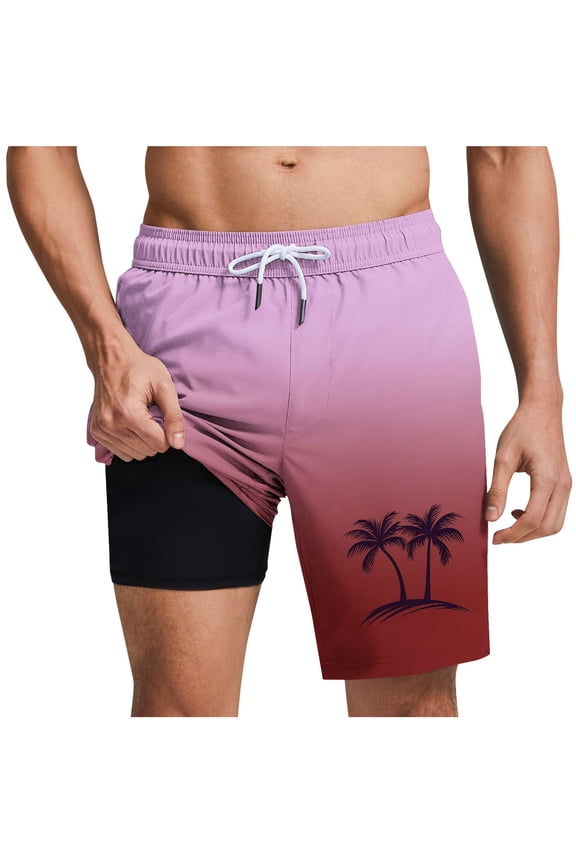 Mens Swim Trunks Elastic Waist Drawstring Gradient Print Shorts 5 Inches, 2-in-1 Style with Lined Swimming Bathing Suit Summer Beach Shorts