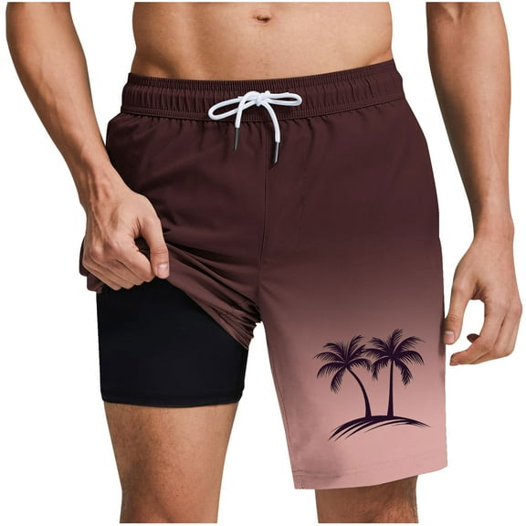 hoksml Mens Swim Trunks Elastic Waist Drawstring Gradient Print Shorts 5 Inches, 2-in-1 Style with Lined Swimming Bathing Suit Summer Beach Shorts