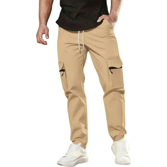 hoksml Mens Travel Pants with Zipper Pockets Drawstring Elastic Waist Cargo Pants Solid Color Straight Leg Work Pants