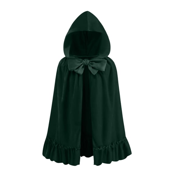 hoksml Mid Length Hooded Velvet Cloak with Bow Tie Ruffle Hem for Halloween Christmas Cosplay Cape Party Dress Up