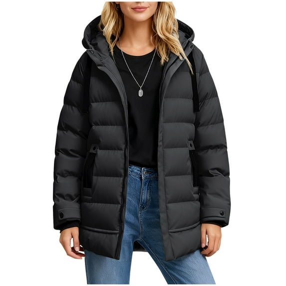 hoksml Plus Size Long Puffer Coat for Women, Solid Color Hooded Winter Jacket with Pockets, Zip and Snap Closure