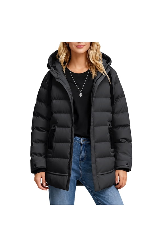 Plus Size Long Puffer Coat for Women, Solid Color Hooded Winter Jacket with Pockets, Zip and Snap Closure