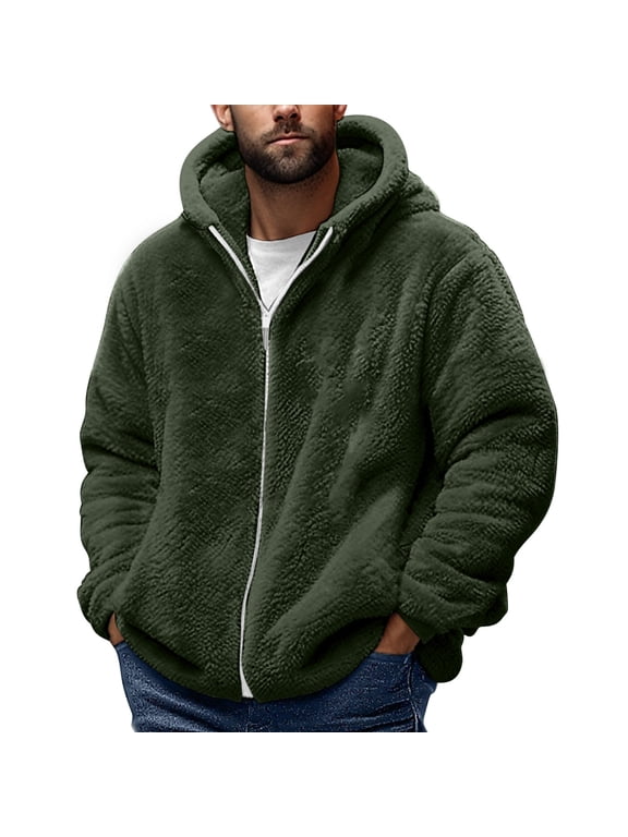 Plus Size Men's Dual-Fleece Hooded Jacket Comfortable Loose Fit Solid Color Long Sleeve Zip-Up Coat for Autumn Winter S-4XL