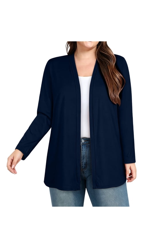 Plus Size Open Front Long Cardigan for Women, V Neck Duster Jacket with Side Pockets, Straight Hem and Relaxed Fit