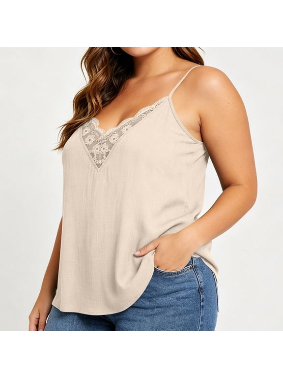 Plus Size Women's Lace Trim V-Neck Cami Top, Spaghetti Strap Solid Color Sleeveless Casual Camisole