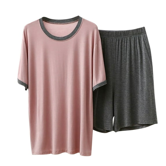 hoksml Plus Size Women's Modal Pajama Set Short Sleeve Round Neck Top with Elastic Waist Shorts Soft Solid Color Sleepwear Loungewear Set XL-5XL
