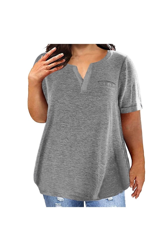 Plus Size Women's Notch V-neck Short Sleeve T-shirt with Pocket Summer Casual Lightweight Top