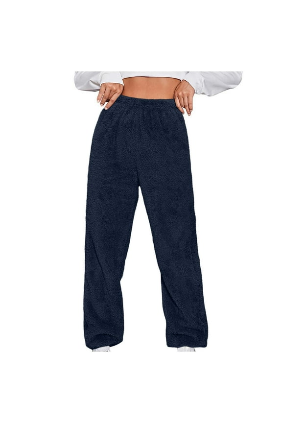 Plus Size Women's Plush Fleece Pants, Cuffed Winter Lounge Pants Elastic Waist Warm Loungewear Sleepwear