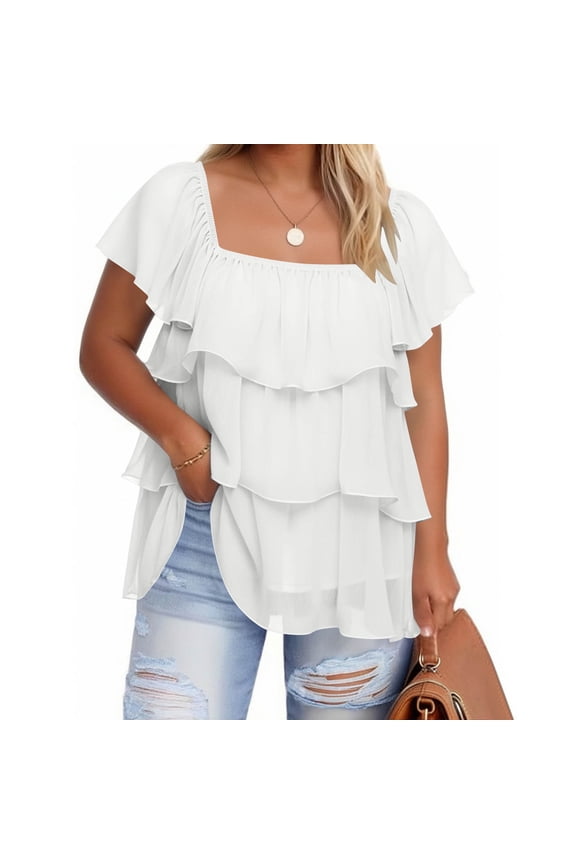 Plus Size Women's Square Neck Tiered Ruffle Blouse, Short Sleeve Layered Chiffon Top XL-5XL