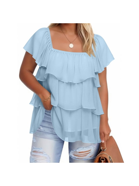 Plus Size Women's Square Neck Tiered Ruffle Blouse, Short Sleeve Layered Chiffon Top XL-5XL