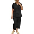 thumbnail image 1 of hoksml Raise up your style with Women's Suit Sets Clearance! Women's Summer Loose 2 Piece Lounge Matching Sets Solid Outfits V-Neck Short Sleeve Tops And Long Pants Tracksuits Suit, 1 of 5