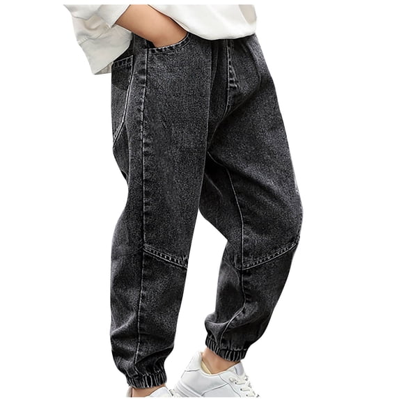 hoksml Spring Fall Boys' Jeans Pants Basic Casual Solid Elastic Waist Pockets Long Loose Cuffed Bottom Denim Pants