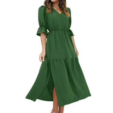 hoksml Summer& Fall Dresses for Women 2023 on Clearance! Fashion Casual Solid Color A-Line Pleated Sun Dress Womens 3/4 Bell Sleeve V-Neck Split Slit Midi Wrap Dresses