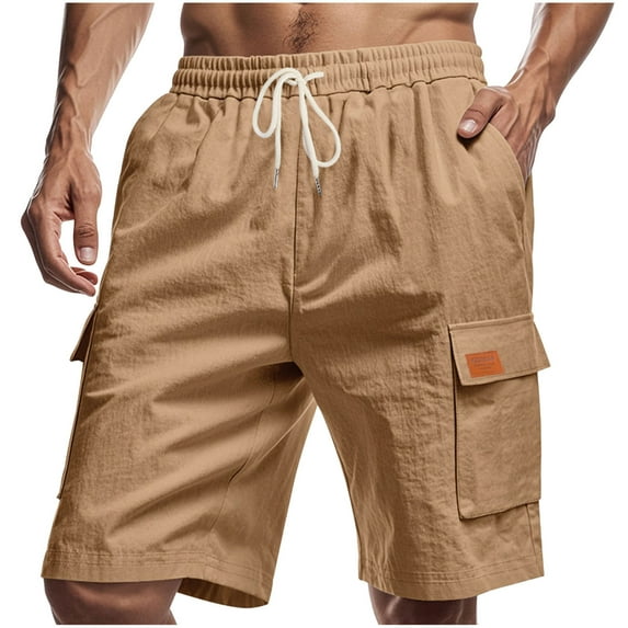 hoksml Summer Men Cotton Linen Cargo Shorts Solid Color Elastic Waist Drawstring Multi Pocket Outdoor Lightweight Hiking Beach Shorts
