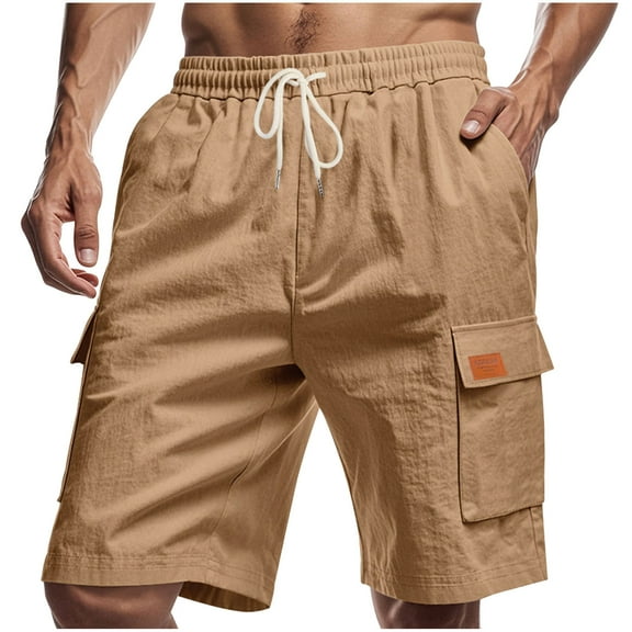 hoksml Summer Men Cotton Linen Cargo Shorts Solid Color Elastic Waist Drawstring Multi Pocket Outdoor Lightweight Hiking Beach Shorts