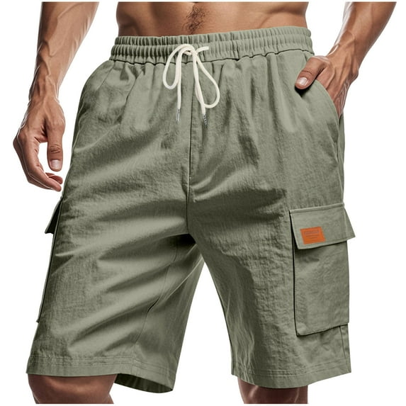 hoksml Summer Men Cotton Linen Cargo Shorts Solid Color Elastic Waist Drawstring Multi Pocket Outdoor Lightweight Hiking Beach Shorts