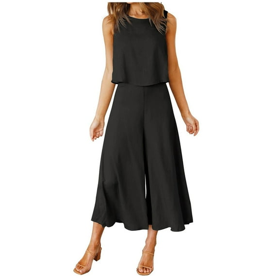 hoksml Summer Outfits for Women,Women's Cotton And Linen Round Neck Sleeveless Shorts, Top, Widened Leg Pants, Long Pants Set