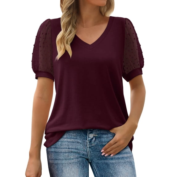 hoksml Summer Tops,Fashion Woman Causal V-Neck Vintage Solid Blouse Short Sleeve T-Shirt Active Tops