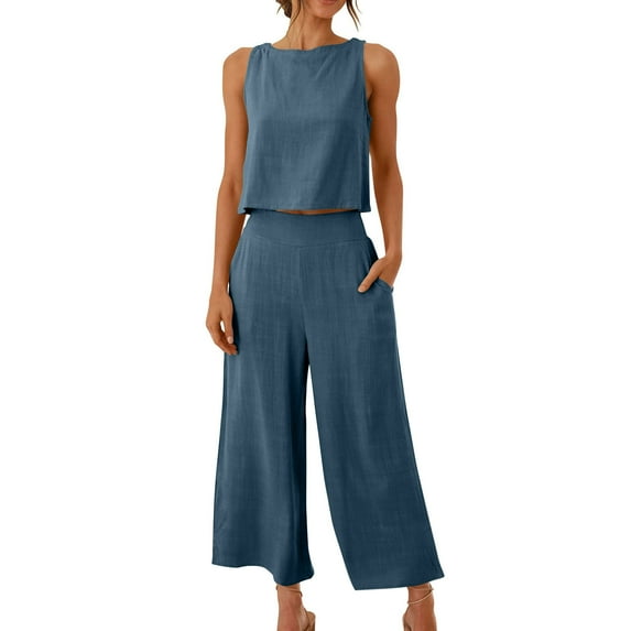 Ohufall Tank Top for Women,Linen Pants for Women,2PC Fashion Woman Round Neck Solid Sleeveless Blouse +Loose Pockets Pants Sets