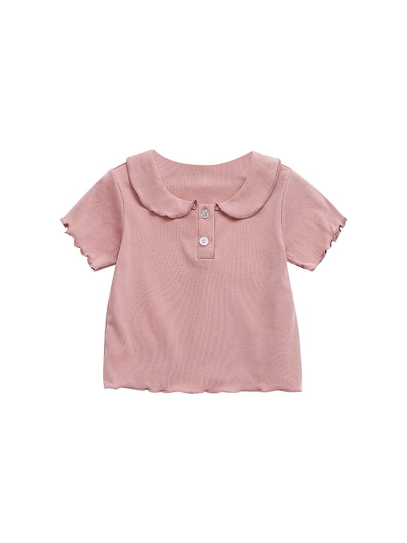 Toddler Girls Collared Short Sleeve Tops Ruffle Hem Ribbed Knit Casual Tees Multi Color Options for Daily Wear