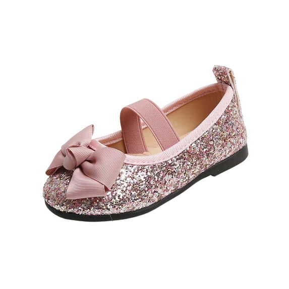 hoksml Toddler Girls Glitter Mary Jane Flats with Big Bow Decor, Elastic Strap Sparkly Dress Shoes for Wedding Party and Special Occasions