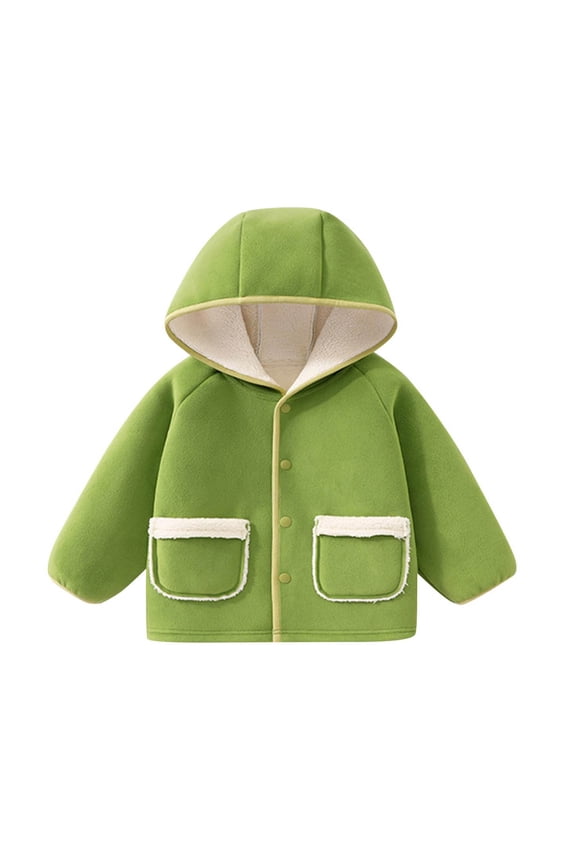 Toddler Kids Hooded Sherpa Coat Boys Girls Plush Snap Front Jacket Winter Warm Fleece Lined Pocketed Coat Thick Fuzzy Outerwear