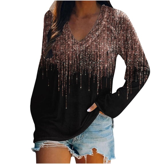 hoksml Tops For Women Casual Spring Women Long Sleeve Casual Loose Shirts Pullover Loose Tunic Tops Print V-Neck Blouse